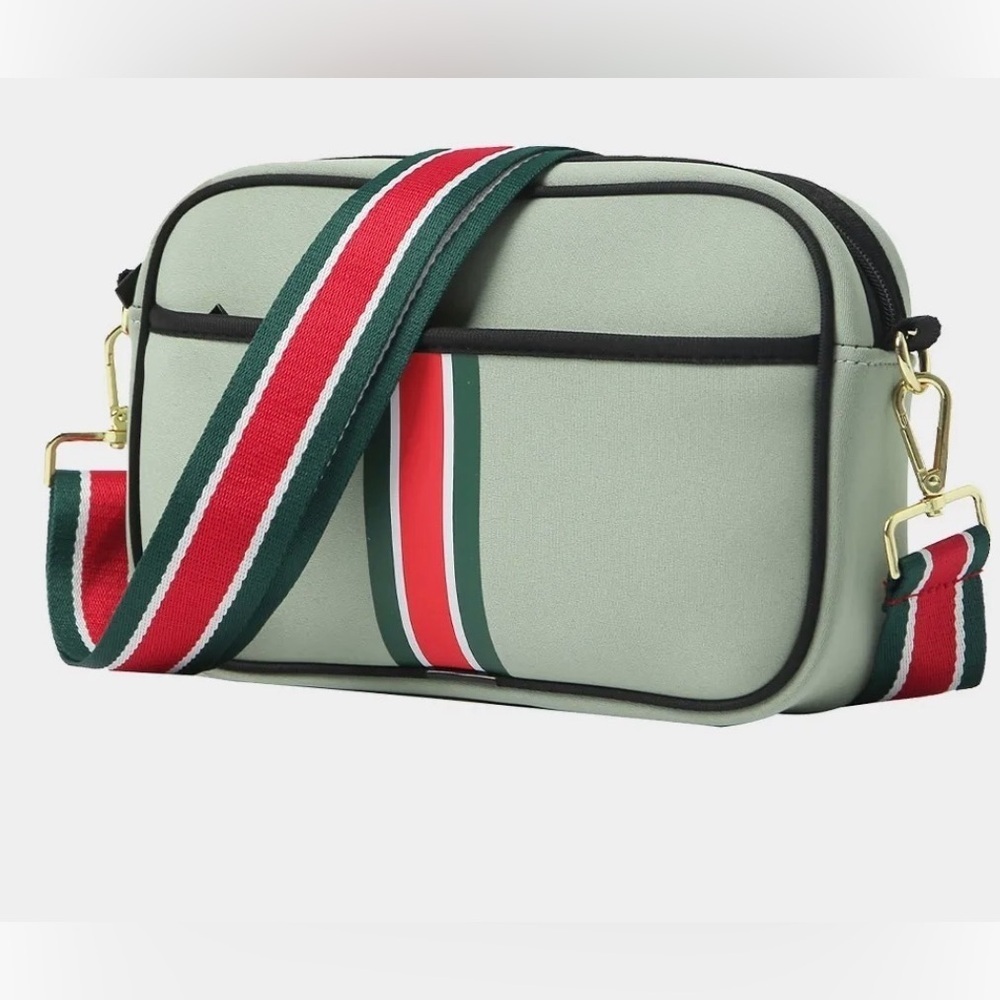 Stylish Green Crossbody Bag with Striped Strap